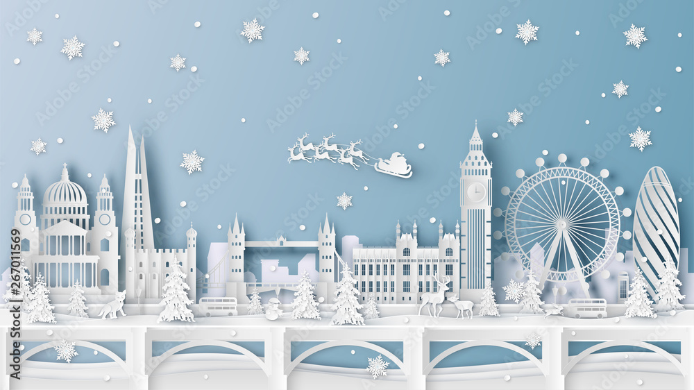 Winter landscape and Christmas season with the world famous architecture in London, England. paper cut and craft design. vector, illustration.