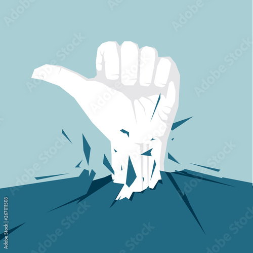 The hand breaks the ground. Isolated on blue background.