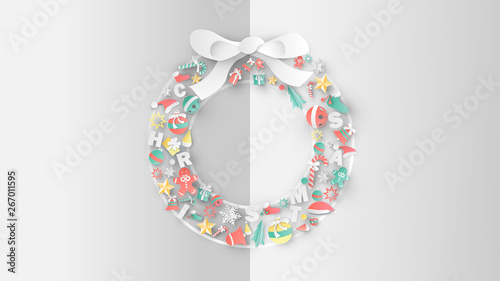 Christmas greeting card design. frame in the form of Christmas wreath made from elements of Christmas. paper cut and craft design. vector, illustration.