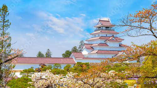 Aizu-Wakamatsu Castle with cherry blossom in Japan