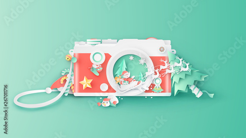 Illustration of creative design for Christmas with decorations inside compact camera lens. Graphic design for Christmas. Compact camera design for Christmas. paper cut and craft design. vector.