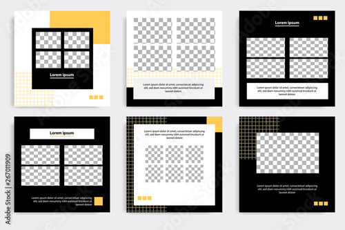Editable square abstract geometric banner template for social media post. Black and yellow frame in the white background. Minimal design background vector illustration