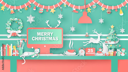 Workplace design for Christmas season decorated with Christmas ornaments and lettering Merry Christmas on monitor. Desk on Christmas season. paper cut and craft style. vector, illustration.