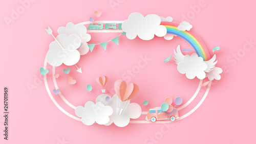 Cute frame design for Valentine's Day with elements. Graphic design for Valentine's Day. paper cut and craft style. vector, illustration.