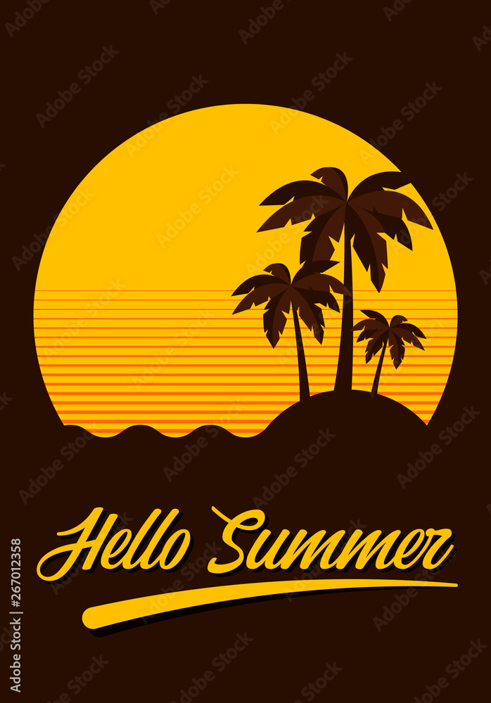 Fototapeta premium Summer holiday poster decorative with sunset beach scenery vintage retro style