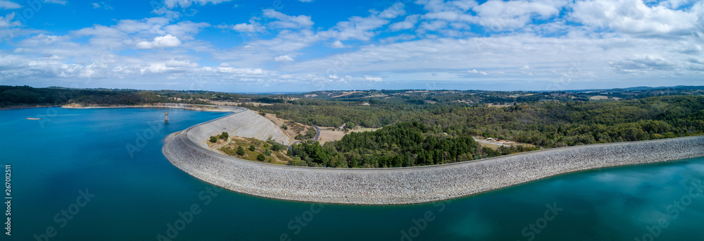 Cardinia Reservoir lake and park - wide aerial panorama