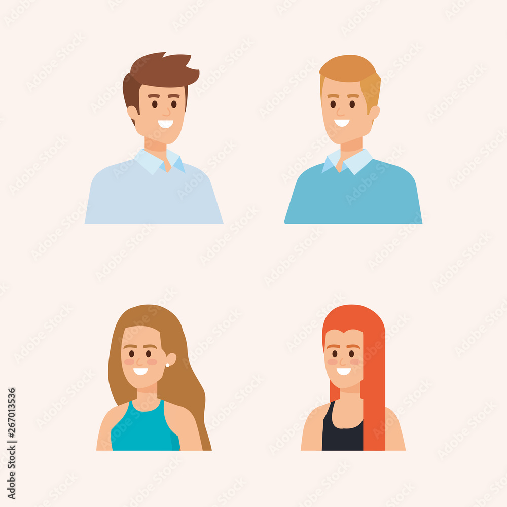 set of men and woman head with hairstyle and casual clothes set of men and woman head with hairstyle and casual clothes