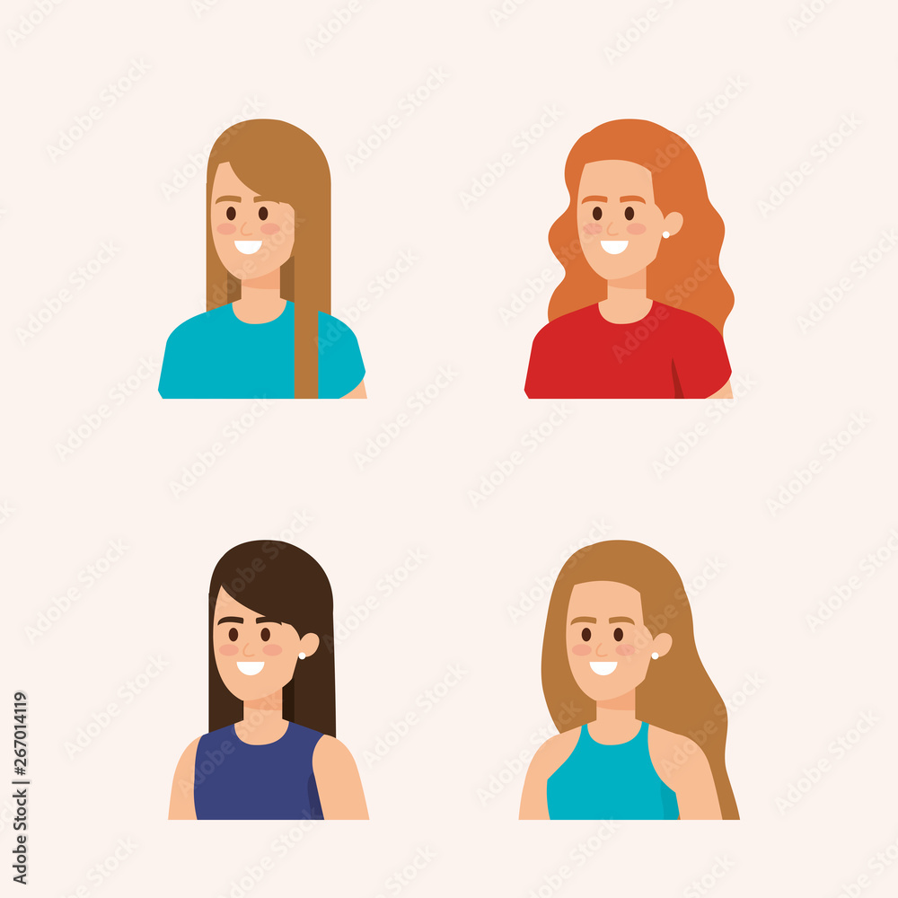 set of happy women head with hairstyle and casual clothes set of happy women head with hairstyle and casual clothes