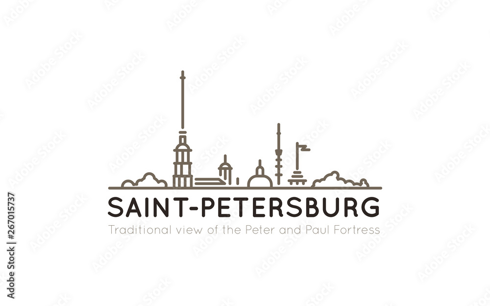Traditional panoramic view with the outlines of the Peter and Paul Fortress, often used to represent the image of St. Petersburg. Line style illustration for use as symbol, icon or logo.