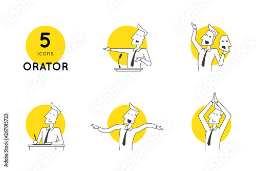 Perfect line speaker icons in various poses and manifestations of oratory professional skills. Modern linear illustration concept for web site and mobile app.