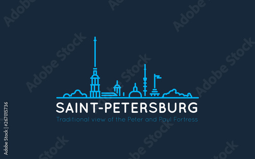 Traditional panoramic view with the outlines of the Peter and Paul Fortress, often used to represent the image of St. Petersburg. Line style illustration for use as symbol, icon or logo.