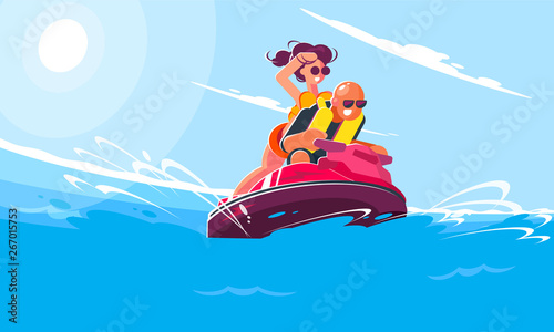 Cheerful young guy with a girl ride a water scooter on the sea on a sunny summer day. Flat style illustration of smiling characters engaged in active sports and entertainment.