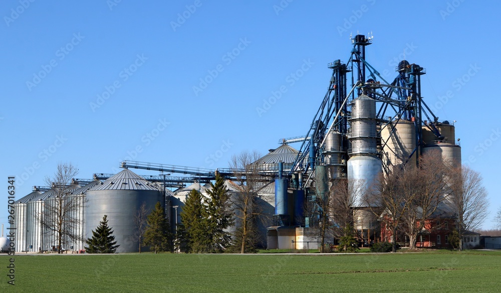 Obraz premium Several grain storage bins and grain dryer with blue sky and grass