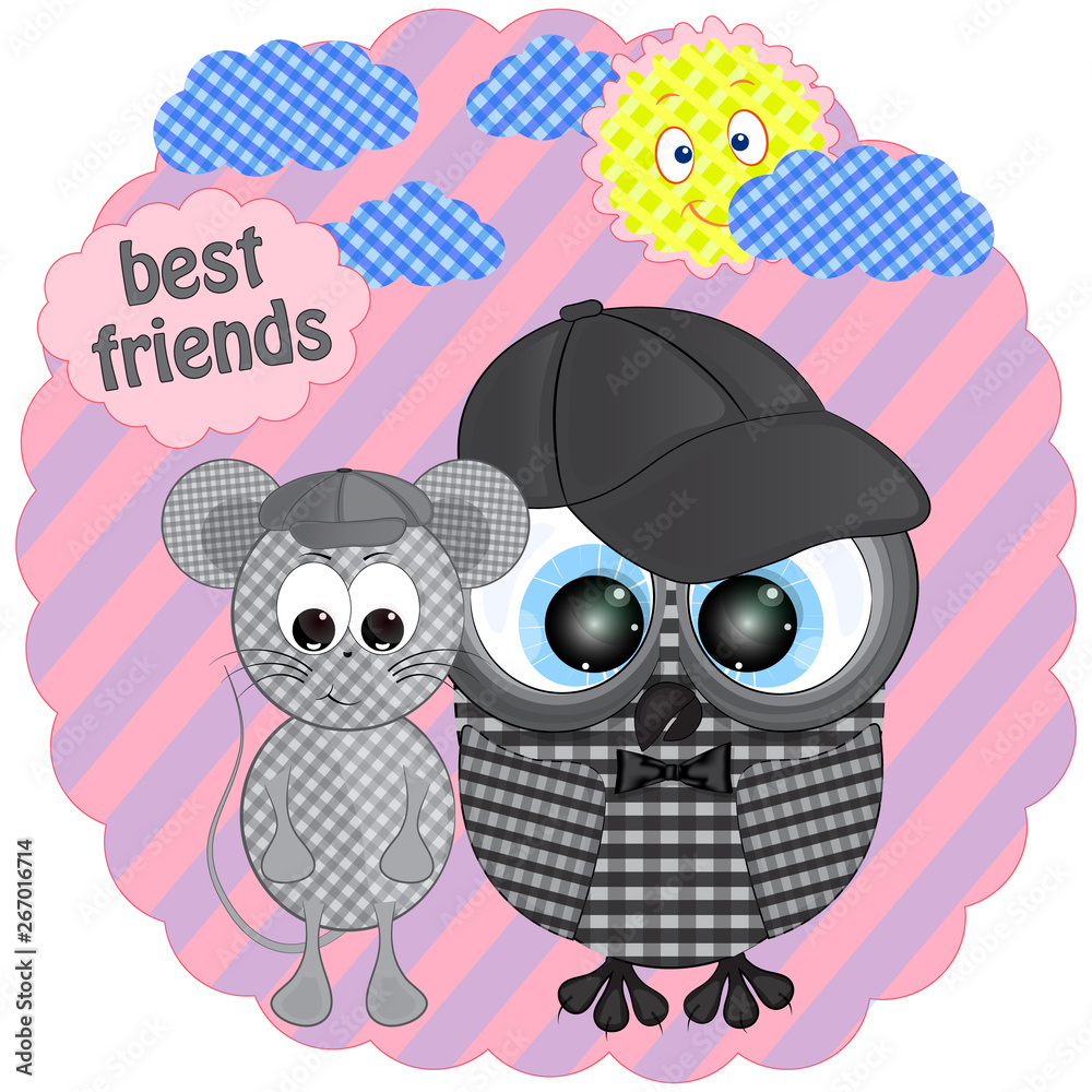 Fotografie Cute owl and mouse cartoon vector illustration