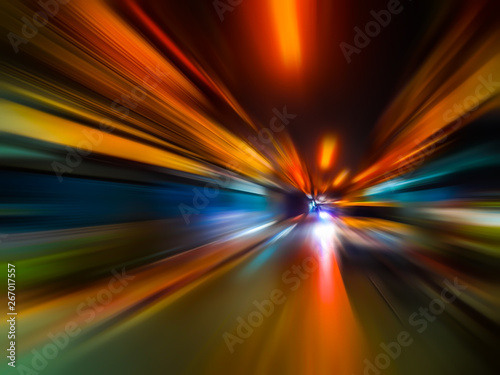 Abstract speed motion blur in city on night road and neon light.