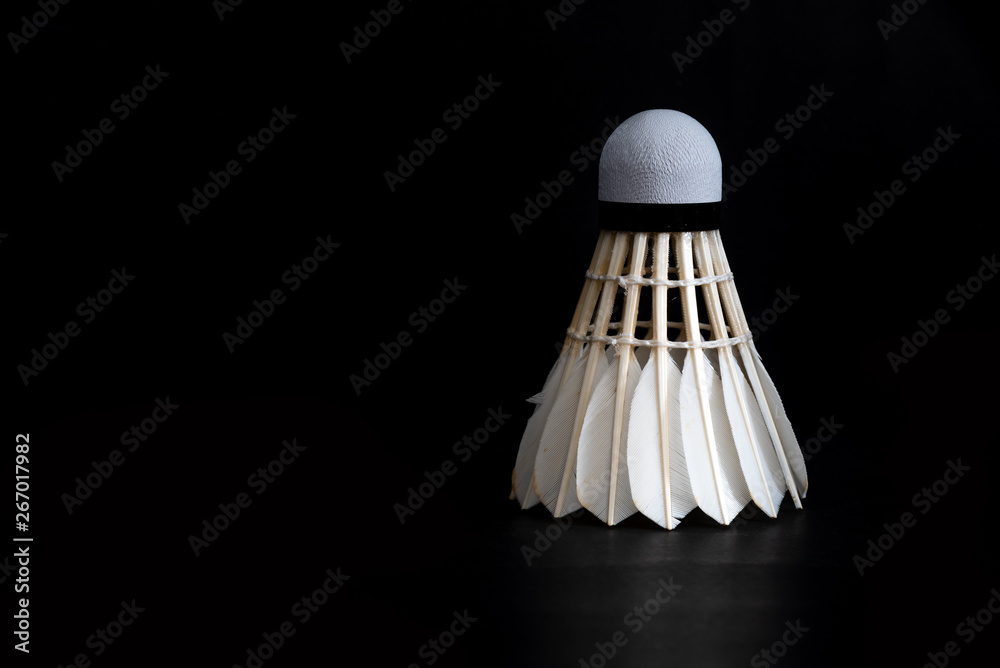 The still life badminton shuttlecocks feather and racket with wooden table color background. 