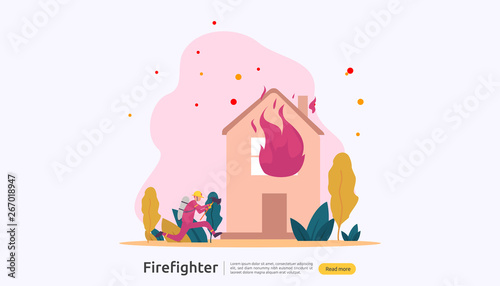 Firefighter using water spray from hose for fire fighting burning house. fireman in uniform, fire department rescuer. illustration for web landing page, banner, presentation, promotion or print media.