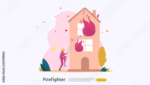 Firefighter using water spray from hose for fire fighting burning house. fireman in uniform, fire department rescuer. illustration for web landing page, banner, presentation, promotion or print media.