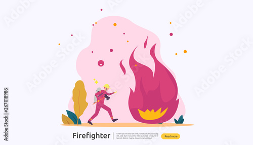 Firefighter using water spray from hose for fire fighting burning house. fireman in uniform, fire department rescuer. illustration for web landing page, banner, presentation, promotion or print media.
