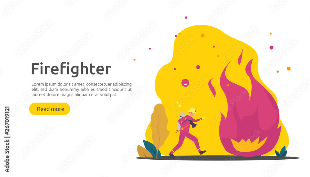 Firefighter using water spray from hose for fire fighting burning house. fireman in uniform, fire department rescuer. illustration for web landing page, banner, presentation, promotion or print media. Firefighter using water spray from hose for fire fighting burning house. fireman in uniform, fire department rescuer. illustration for web landing page, banner, presentation, promotion or print media.
