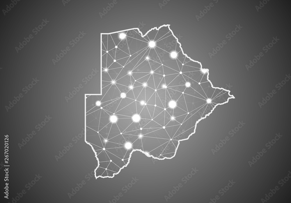 Obraz premium Vector wireframe mesh polygonal of botswana map. Abstract global connection structure. Map connected with lines and dots. Geometric world concept. digital data visualization, infographics.
