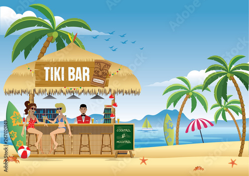 couple girl enjoying summer at the tiki bar