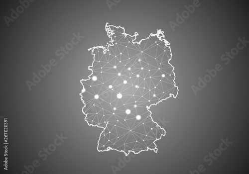 Vector wireframe mesh polygonal of germany map. Abstract global connection structure. Map connected with lines and dots. Geometric world concept.  digital data visualization, infographics.