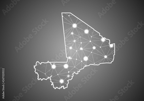 Vector wireframe mesh polygonal of mali map. Abstract global connection structure. Map connected with lines and dots. Geometric world concept. digital data visualization, infographics.