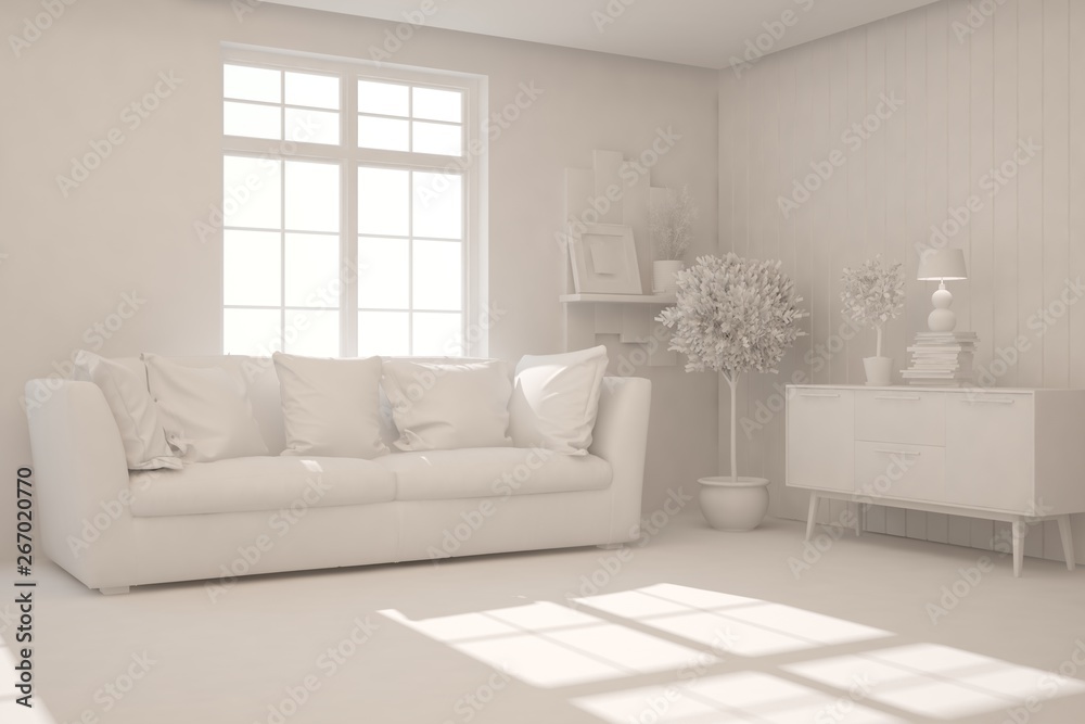 Mock up of stylish room in white color with sofa. Scandinavian interior design. 3D illustration Mock up of stylish room in white color with sofa. Scandinavian interior design. 3D illustration