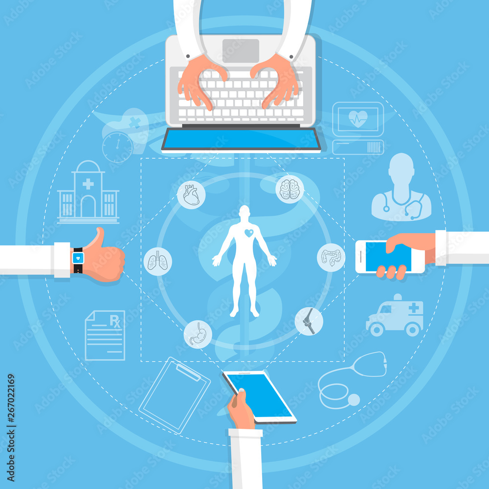 Vector illustration  infographics design on modern high tech devices using in run showing man tracking his health condition with watch, mobile application and computer services connection.