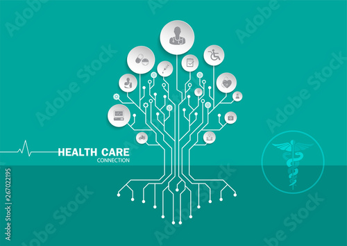 HEAMedical background paper art with icons heart representing medical and healthcare topics in hand.concept tree