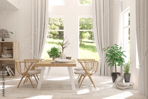 Fototapeta Naklejka Na Ścianę i Meble -  Stylish dinner room in white color. Scandinavian interior design. 3D illustration