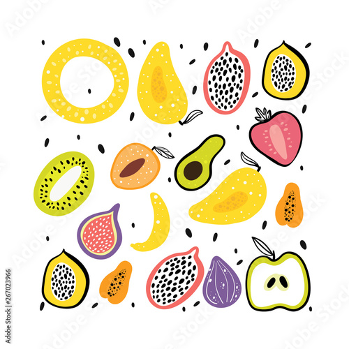 Fototapeta Naklejka Na Ścianę i Meble -  Fruit flat hand drawn illustration.Healthy nutrition cartoon texture. Concept of organic food. Kitchen textile vector print.