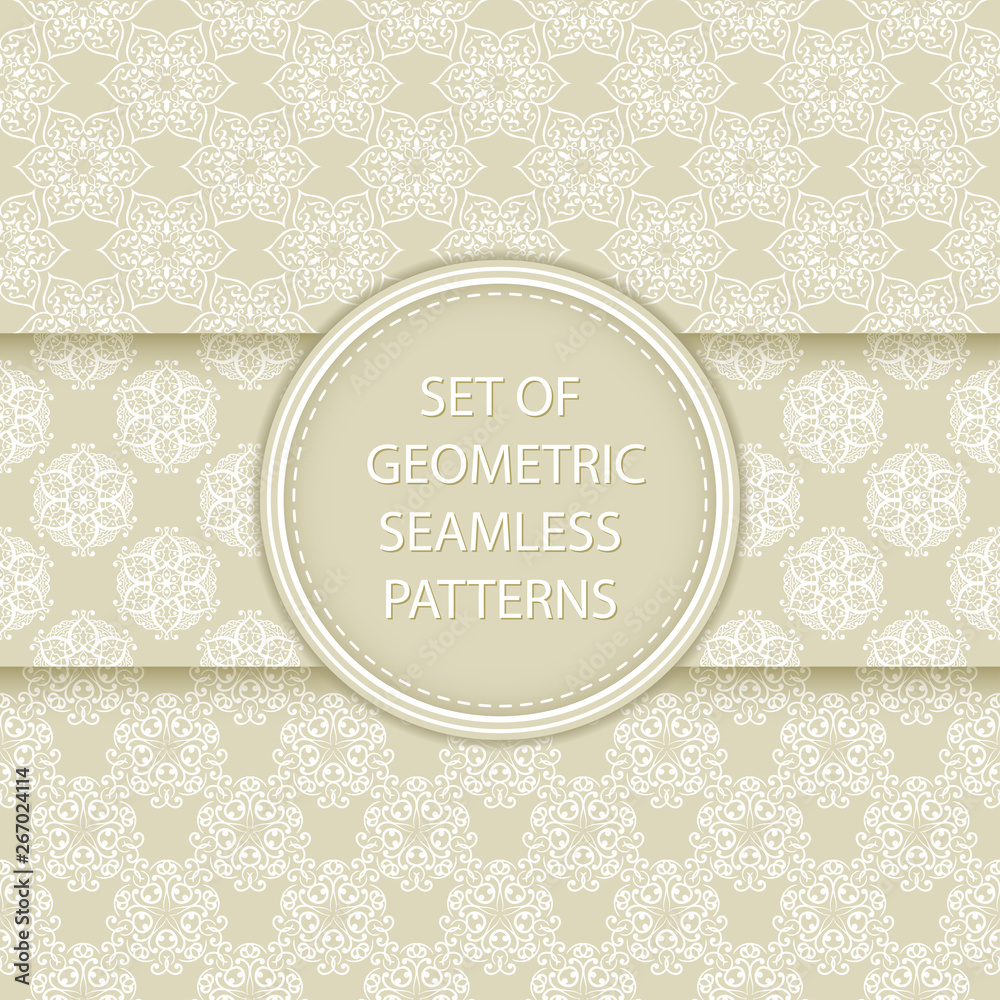 Compilation of seamless patterns. Oriental ethnic white prints on olive green background Compilation of seamless patterns. Oriental ethnic white prints on olive green background