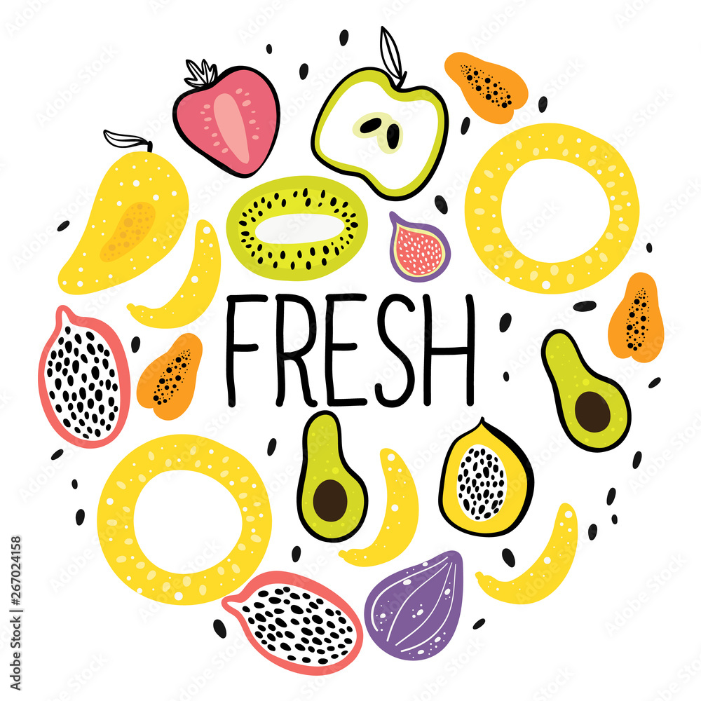 Fruit flat hand drawn  nutrition cartoon texture.  Concept of organic food. Kitchen textile vector print. Stock Vector | Adobe  Stock