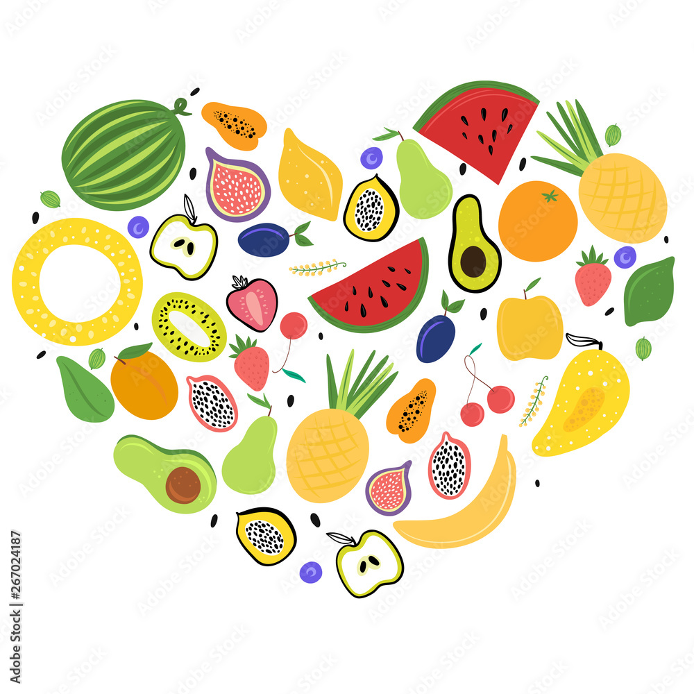 Fresh colourful fruit arranged in heart. Vector illustration. Fresh colourful fruit arranged in heart. Vector illustration.