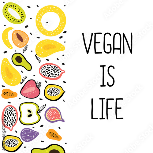 Fruit flat hand drawn illustration.Healthy nutrition cartoon texture. Vegan is life. Kitchen textile vector print.