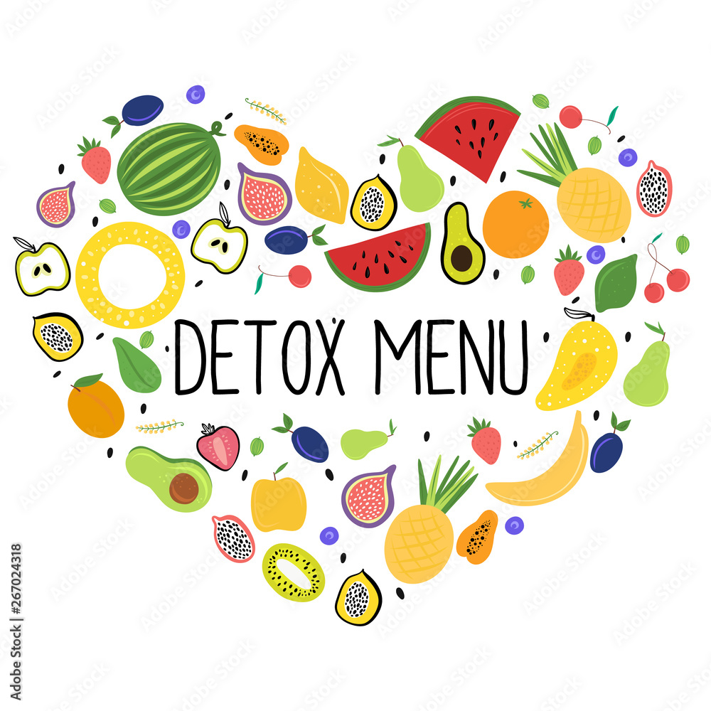 Detox menu.Fresh colourful fruit arranged in heart. Vector illustration..