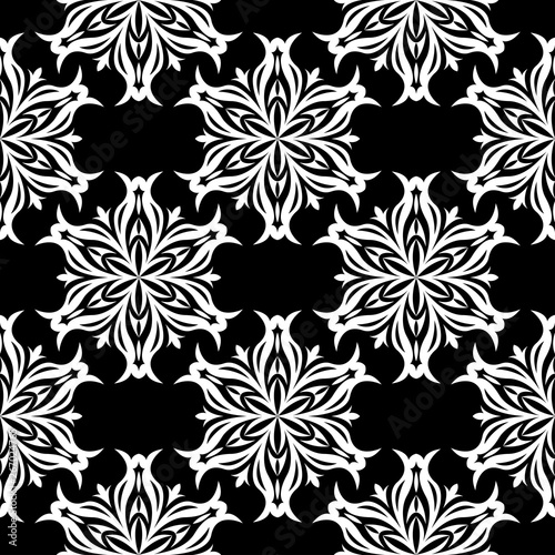  Floral seamless pattern. White flowers on black background