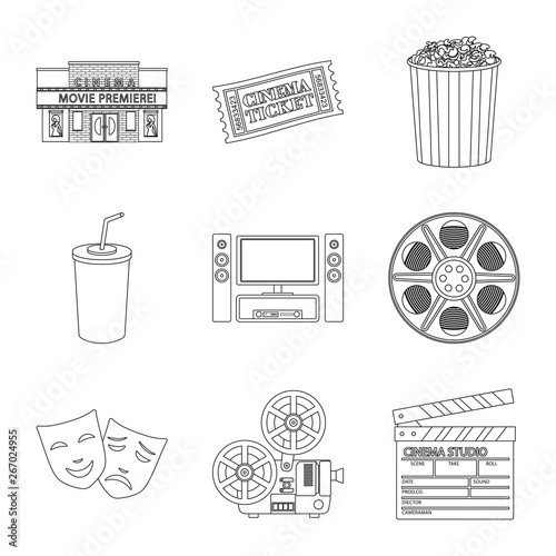 Isolated object of cinematography and studio symbol. Set of cinematography and entertainment stock vector illustration.