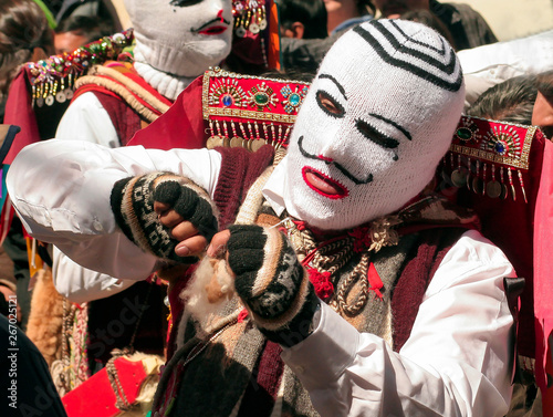 Paucartambo, Cusco, Peru - Circa July 2013: Portrait of man wearing a typical mask at Paucartambo's Festival of Virgen del Carmen. Colorful traditional 