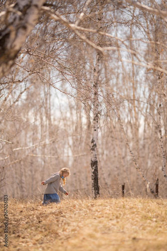 baby's walk in the birch grove of Russia