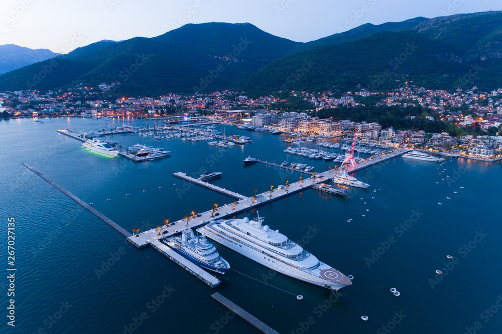 Aerial view of Porto Montenegro in Tivat at dusk