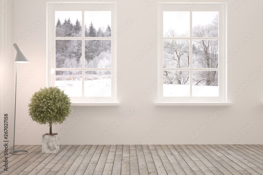 Mock up of empty room in white color with winter landscape in window. Scandinavian interior design. 3D illustration Mock up of empty room in white color with winter landscape in window. Scandinavian interior design. 3D illustration