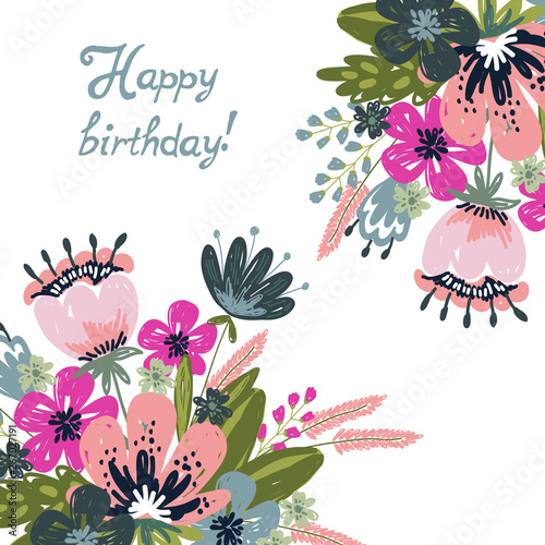 Greeting card Happy birthday. Hand drawng brush picture . Doodle Flowers and leaves arrangements solated on a white background. Vector photo