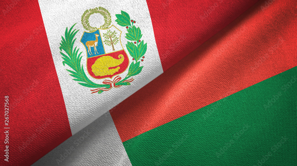 Peru and Madagascar two flags textile cloth, fabric texture Peru and Madagascar two flags textile cloth, fabric texture