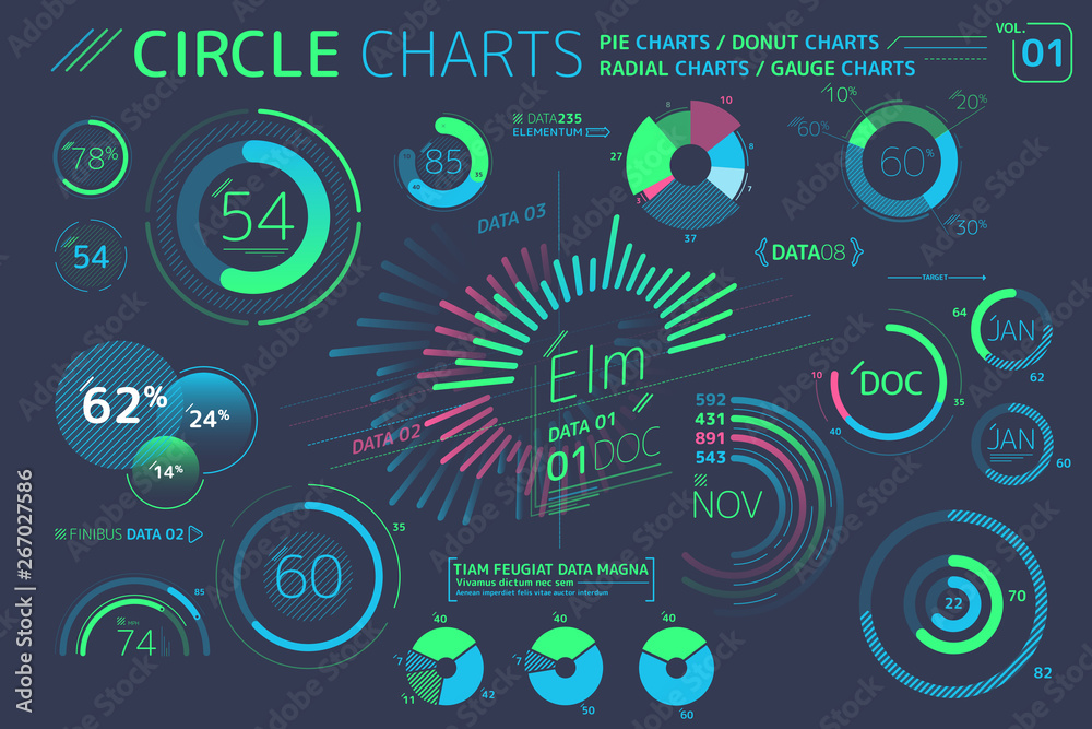 Circle Charts, Pie Charts, Radial Charts and Gauge Charts Infographic Elements