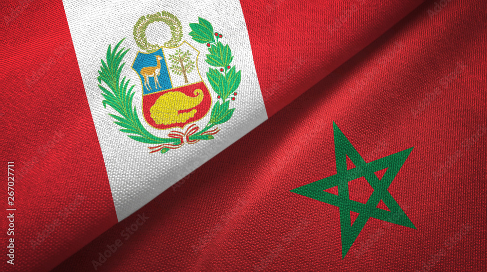 Peru and Morocco two flags textile cloth, fabric texture Peru and Morocco two flags textile cloth, fabric texture