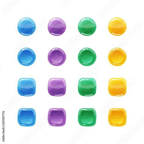Colorful rounded square and circle glossy buttons set with pressed versions. Vector assets for web or game design, app buttons, icons template isolated on white background.