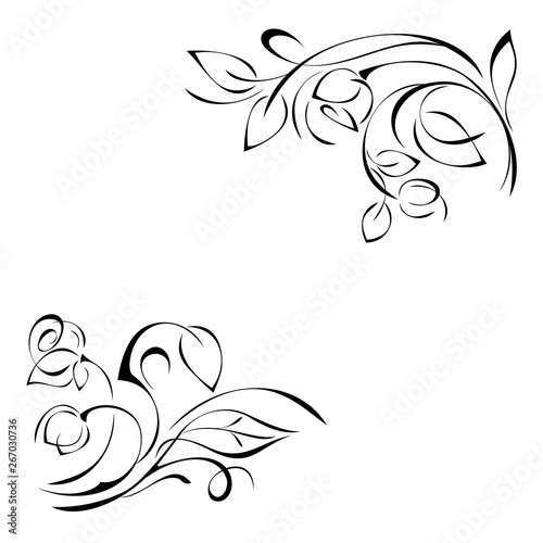 two ornaments of stylized twigs with rose flower buds, leaves and vignettes with black lines on a white background